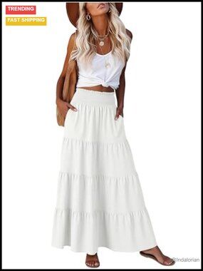 Maxi Skirt Women High Waist A-Line Tiered Long Flowy Polyester Boho Summer